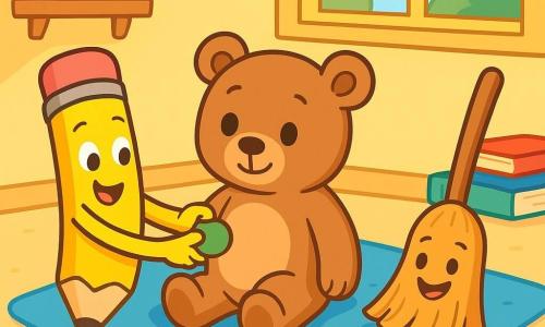 Lápis, um lápis de cor amarelo brilhante com um grande sorriso e olhos brilhantes, está examinando atentamente uma gommeta verde colada na barriga de um urso de pelúcia. O urso, macio e fofinho, tem um olhar tímido e um leve sorriso, sentado em um tapete azul, um pouco pegajoso por causa da cola. Ao lado deles, uma pequena vassoura, com pelos marrons e um rosto alegre, está varrendo gommetas coloridas espalhadas pelo chão. O local é um ambiente iluminado, cheio de lápis, gommetas e livros, com uma grande janela deixando entrar a luz do sol. A situação principal mostra Lápis e seus amigos em uma investigação para encontrar as gommetas perdidas, cercados por cores vibrantes e uma atmosfera alegre e amigável.