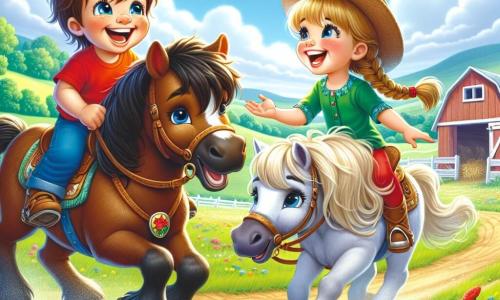 A 2-year-old boy with messy brown hair and a bright smile is sitting on a large brown horse named Star. He wears a bright red t-shirt and blue shorts, showing an expression of joy and excitement. Next to him, a 5-year-old girl with long braided blonde hair and a pretty straw hat rides a white horse named Snow. She laughs and reaches out to Max, as the two friends share a moment of happiness. The setting is a beautiful green meadow dotted with colorful flowers under a bright blue sky with fluffy white clouds. In the distance, a barn with open doors and farm tools can be seen. The main scene shows Max and Lily playing a game of tag on horseback, laughing and joyfully running through the meadow, their horses trotting side by side, creating a lively and friendly atmosphere.
