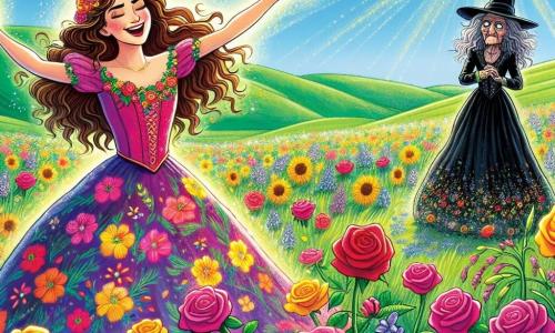 In the center of the image, Lila, a joyful woman in her thirties with long wavy hair and a colorful dress adorned with floral patterns, dances in a field of vibrant flowers. Her face radiates happiness and confidence as she sings to the flowers, her arms open to the sky. Beside her, the witch, an old woman with a wrinkled face and messy gray hair, watches in astonishment. She wears a black dress and a pointed hat, her expression shifting from anger to curiosity as she stands slightly back with her arms crossed. The setting is a vast sunny field filled with flowers of all colors: roses, sunflowers, and violets, swaying in the wind. In the background, lush green hills and a light blue sky add to the magic of the scene. The main situation shows Lila, full of courage, challenging the witch by demonstrating that love and kindness can transform even the darkest heart. The flowers sparkle around them, illustrating the magic of love that fills the air.