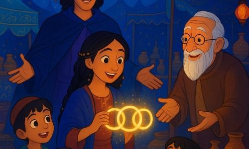 Layla, about 28, olive skin, long braided black hair with gold beads, smiles in wonder as she holds a shimmering chain of three glowing rings; behind her stands Zephyr, about 35, slender in a midnight-blue cloak with violet sheen and glowing golden eyes, arms slightly raised as if presenting the scene; a smiling elderly vendor, about 70, with a long white beard, wrinkled skin and round glasses reaches for the chain near his stall; three village children (boys ~8 and ~10, girl ~7) in colorful clothes kneel or sit in the foreground, mouths and eyes wide with amazement; all set in the Whispering Bazaar under a starry night—embroidered gold-and-turquoise tents, garlands of colored glass lamps casting warm halos, stacked geometric rugs and glittering jars and lanterns—while the Three Rings of Peace radiate light that casts luminous patterns on faces and fabrics, creating a magical, warm, peaceful atmosphere with rich tones of midnight blue, gold, turquoise and purple.