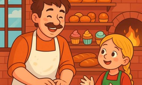 A smiling and warm baker named Thomas, with slightly tousled brown hair and a mustache, wears a white apron dusted with flour. He is kneading brioche dough, his hands buried in the soft, sticky texture, with a joyful concentration on his face. Next to him, a small girl named Ana, about 7 years old, with braided blonde hair and rosy cheeks, watches in wonder, her hands covered in flour, ready to help. The setting is a charming bakery with red brick walls, wooden shelves filled with golden bread and colorful pastries, and a large window letting in morning light, illuminating the scene with a soft glow. The main situation shows Thomas and Ana working together, laughing and sharing a moment of closeness as they shape dough balls, surrounded by the delicious smell of fresh bread baking in the oven.