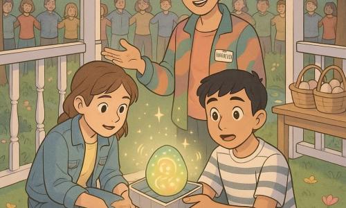 Three characters: Mia, 11, mid‑brown hair in a loose braid, light denim jacket, dirty knees, crouched left on the gazebo step, one hand gently holding a small glowing egg in a padded box; Leo, 11, short black hair, striped T‑shirt, thick socks visible, sitting to Mia’s right, supporting the egg with his other hand, face amazed, looking toward the viewer; Tessa, about 35, gray‑brown hair in a bun, colorful jacket, volunteer badge, standing behind them smiling with an open palm as if explaining. Location: small community garden clearing around a white wooden gazebo with pastel garlands and paper lanterns, green lawn strewn with pink and yellow tulip petals, wooden table with egg baskets in the background and a pond with water lilies visible. Main moment: revelation—Mia and Leo present a magical glass egg in a box emitting swirling green, gold, and pink bands; a chain of people of various ages link shoulders around the gazebo, faces bathed in warm soft light, joyful pastel tones, visible wood and fabric textures, tiny luminous sparks around the egg suggesting a musical hum.