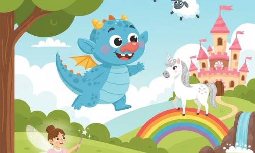 A small troll boy named Tilly, happy and amazed, has been transformed into a friendly dragon with a round body, sky‑blue scales, tiny translucent wings and a wide smile, flying over trees while a tiny glowing fairy named Lila in a pale pink dress waves a wand at the edge of a sparkling pond, a silver‑maned female unicorn stands on a rainbow bridge to a candy castle in the right background looking kindly, and a family of fluffy cloud‑sheep floats nearby; the scene shows a mirror‑like pond, rounded green 