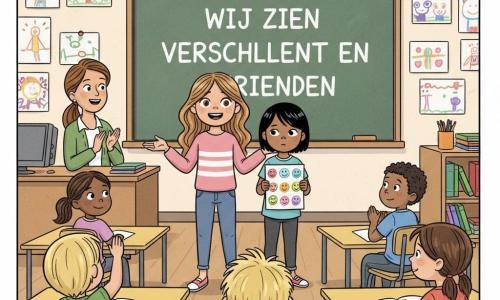 Een 6-jarig meisje, Luna, glimlachend en zelfzeker met lichtbruin lang golvend haar, staat voor de klas te spreken met open gebaren; naast haar staat Sophie, ook 6, van buitenlandse afkomst met iets donkerdere huid en kort steil haar, verlegen maar opgelucht en met een klein kleurig bordje; de juf (30–40 jaar) zit bij het whiteboard, vriendelijk kijkend en zacht applaudisserend; Tom, 6, blond, zit vooraan en steekt nieuwsgierig zijn hand op; de lichte klas heeft kindertekeningen aan de muren, kleurrijke tafels en stoeltjes en een groot bord met “We zijn verschillend en vrienden”; situatie: kleine presentatie over tolerantie, warme inclusieve sfeer; stijl: strakke lijnen, felle kleuren, overdreven warme gelaatsuitdrukkingen, compositie gecentreerd op de twee meisjes om steun en vriendschap te tonen.
