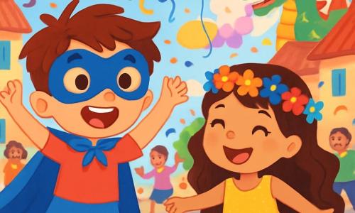 Há 2 personagens principais: Matias, um menino de 6 anos com cabelos castanhos bagunçados, usando uma capa azul brilhante e uma máscara de super-herói, está de pé com os braços levantados e um grande sorriso no rosto; e Luísa, uma menina de 6 anos com cabelos longos e cacheados, vestindo um lindo vestido amarelo cintilante e uma coroa de flores coloridas, ao lado de Matias, com os olhos brilhando de alegria, pronta para dançar. O cenário é uma rua movimentada de uma pequena vila, decorada com guirlandas coloridas e lanternas brilhantes. As casas de telhados vermelhos cercam a rua pavimentada, onde crianças e adultos dançam e riem, criando uma atmosfera festiva. Ao longe, um grande carro em forma de dragão solta fumaça colorida, acrescentando à magia do carnaval. A cena principal mostra Matias e Luísa de mãos dadas, rindo e dançando no meio da multidão alegre, cercados por confetes flutuantes e balões coloridos, prontos para viver uma aventura inesquecível no carnaval.
