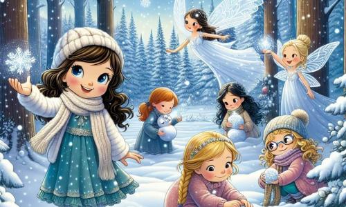 No centro da cena, Clara, uma menina de 8 anos com cabelos castanhos e cacheados, sorri alegremente segurando um delicado floco de neve na mão. À sua direita, Beatriz, uma menina de 7 anos com cabelos loiros trançados e bochechas rosadas, se entusiasma levantando uma grande bola de neve. À esquerda, Sofia, uma menina de 9 anos com cabelos negros e lisos, observa atentamente uma bela pena brilhante presa a um galho. Por fim, Luana, uma menina de 8 anos com cabelos castanhos e óculos, está agachada, examinando uma pedra cintilante na neve. O cenário é uma floresta mágica de inverno, com grandes árvores majestosas cobertas de neve cintilante e um solo coberto por um espesso manto de neve imaculada, enquanto flocos caem suavemente do céu azul claro, criando uma atmosfera encantadora. As quatro amigas estão em busca de elementos mágicos de inverno, cercadas pela beleza da natureza, enquanto uma pequena fada do gelo, Neve, as observa com um sorriso benevolente, pronta para incentivá-las em sua aventura.