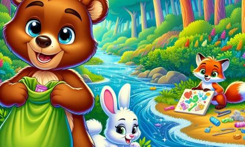 Un giovane orso bruno di nome Bruno, con un pelo morbido e lucente, mostra un grande sorriso entusiasta mentre raccoglie rifiuti colorati lungo un ruscello scintillante. I suoi occhi brillano di determinazione e gioia. Accanto a lui, un piccolo coniglio bianco di nome Leo, con grandi orecchie e uno sguardo curioso, tiene un sacco di tela pieno di rifiuti, mostrando un'espressione di orgoglio. Più in là, una volpe rossa di nome Tessa, con una coda folta, crea un'opera d'arte con materiali riciclati, sorridendo con soddisfazione. Lo scenario è una foresta verdeggiante, con alberi maestosi dalle foglie brillanti, fiori colorati sparsi sul terreno e un ruscello cristallino che serpeggia nel paesaggio. La scena mostra Bruno e i suoi amici intenti a pulire la foresta, raccogliendo rifiuti per proteggere il loro habitat, divertendosi e condividendo risate.