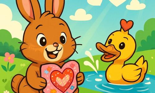 Benny Bunny, a little rabbit with big ears and soft brown fur, is sitting on the green grass, smiling brightly with sparkling eyes. He holds a heart-shaped card in his front paws, decorated with colorful drawings and glitter. Daffodil Duck, a playful duck with bright yellow feathers and a heart-shaped hat, is joyfully splashing in a nearby pond, looking at Benny with a warm smile. The setting is a charming meadow called Clover Meadow, dotted with pink and white flowers, under a clear blue sky with heart-shaped clouds. Sun rays illuminate the landscape, creating a joyful and festive atmosphere. Benny Bunny is preparing a Valentine's surprise for his friends, imagining cards and treats, while Daffodil Duck enthusiastically encourages him, adding to the magic of this special day.