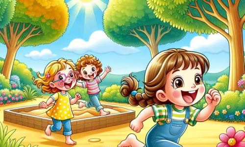 Três meninas alegres, Ana, Bia e Clara, com cerca de 8 anos, estão correndo em um parque ensolarado. Ana, com cabelos castanhos e óculos rosas, usa um vestido amarelo de bolinhas e ri muito. Bia, com cabelos loiros e cacheados, veste uma camiseta azul e um short jeans, acaba de tropeçar em uma pedrinha e está se levantando enquanto ri. Clara, com cabelos castanhos e uma trança, usa uma saia verde e uma camiseta listrada, para para encorajá-las com um grande sorriso. O parque é cheio de verde, com grandes árvores de folhas brilhantes, um céu azul claro e flores coloridas ao longo do caminho. Ao longe, há uma caixa de areia onde as crianças gostam de brincar. As três amigas estão correndo, rindo e se divertindo enquanto se dirigem para a caixa de areia, criando uma atmosfera de alegria e amizade.
