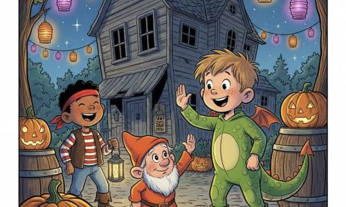 Een vrolijke Halloweenscène: een ongeveer 6-jarige jongen met rond gezicht en sproeten in een kleurrijk draakpak met glanzende groene schubben en puntstaart geeft een high-five, links iets achter hem staat Max, ook ongeveer 6, met kort zwart haar in een piratenkostuum met rood ooglapje en gestreept vest en houdt een papieren lantaarn vast; een vriendelijk gnoomje van ca. 30–40 cm met roze huid, korte baard en oranje puntmuts beantwoordt de high-five; alles speelt zich af op een open plek voor een houten spookhuis met ongelijke kasseien, uitgeholde pompoenen op vaten, oranje en paarse lampionnen en fonkelende sterren aan een diepblauwe nachtelijke hemel, warme sfeer en zacht lampionlicht.