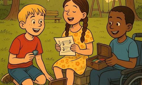 Drei Kinder etwa 10 Jahre alt: Jonas, blonder Junge mit kurzen Haaren und Sommersprossen, rotes T‑Shirt und Jeansshorts, sitzt links im Gras am Bach und hält einen kleinen blauen Kiesel; Mia, brünette mit Zöpfen, gelbes geblümtes Kleid, sitzt in der Mitte auf einer niedrigen Mauer, hält ein Liedblatt und singt; Tom, braunhaariger Junge im dunklenblauen Rollstuhl, rechts am Wasser, lächelt und hält eine offene rostige Metalldose mit buntem Band. Ort: städtischer Park am späten Nachmittag mit großen Eichen, Schaukeln in der Ferne, einer alten Holzbank mit eingravierten Herzen und einem seichten Bach mit polierten Glasscherben und Steinen, goldenes Sonnenlicht und lange Schatten. Hauptszene: die Kinder versammelt um eine kleine Holzschatulle, die unter der Bank versteckt ist; die geöffnete Schachtel zeigt ein mehrfarbiges Band, einen blauen Kiesel und ein Liedblatt; sie stehen eng beieinander, singen zusammen und zeigen ihre Schätze, fröhliche, vertraute, sommerliche Stimmung.