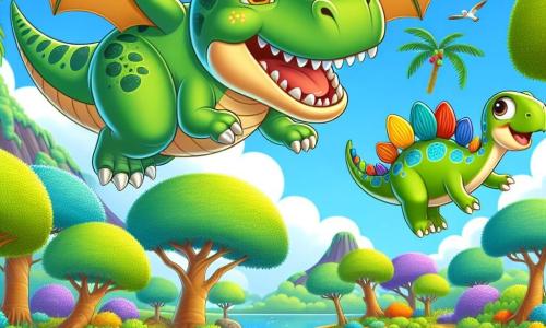 Un Tyrannosaurus Rex di nome Dino, con una pelle verde brillante e occhi scintillanti di gioia, vola nel cielo blu, con le grandi ali spiegate e un ampio sorriso sul volto. Accanto a lui, un piccolo stegosauro di nome Stego, con placche colorate sulla schiena e uno sguardo meravigliato, fluttua felicemente nell'aria, con le zampe anteriori tese verso Dino. Sullo sfondo, si estende un'isola lussureggiante, piena di grandi alberi con foglie vibranti, fiori multicolori e un lago scintillante sotto il sole. La scena mostra Dino e Stego mentre si divertono a volare insieme sopra l'isola magica, esplorando le meraviglie del loro ambiente preistorico.