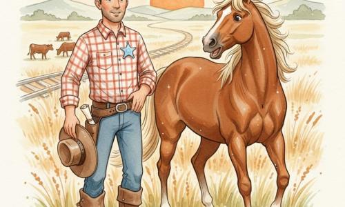 A man named Jack in his thirties, wearing a crumpled brown cowboy hat, kind smile and determined gaze, holds his hat while a small rolled paper falls from his pocket; he wears a red-and-white plaid shirt, dusty leather boots and a shiny sheriff's star. Beside him to the right stands Star, a tall chestnut horse with a cream mane, ready to gallop, while distant brown cows dot the prairie to the left and an orange, round sun rises over tall dry grasses, gentle hills and an old winding railroad. Jack has just found a small fallen map, surprised but courageous and ready to set off on an adventure with Star at sunrise. Soft watercolor palette: warm tones (orange, ochre, brown), touches of pale green, paper textures and fine white gel-pen highlights.