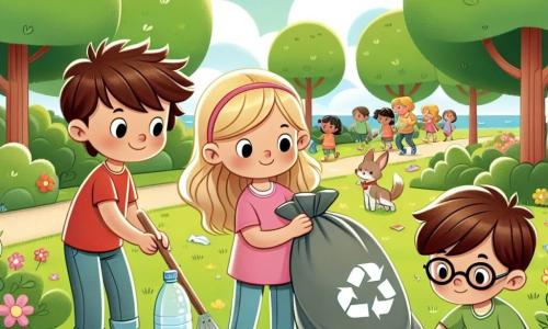 En un parque soleado, tres amigos están limpiando la naturaleza. Tomás, un niño de seis años con cabello castaño alborotado y una camiseta roja, sostiene un gran cubo de basura y sonríe mientras recoge desechos. A su lado, Sofía, una niña de seis años con cabello largo y rubio, lleva un vestido rosa y recoge botellas de plástico con determinación. Lucas, un niño de seis años con gafas y cabello castaño, está agachado cerca de un árbol, separando los desechos reciclables en otra caja. El parque está lleno de flores coloridas, grandes árboles verdes y un césped bien cuidado, pero hay trozos de papel y botellas esparcidos por el suelo. A lo lejos, se ven niños jugando y adultos paseando con sus perros, todos sonriendo y disfrutando del hermoso día. La escena muestra a los tres amigos unidos en su misión de hacer el parque limpio y acogedor, con bolsas de basura llenas de desechos a su lado y rayos de sol iluminando su arduo trabajo.