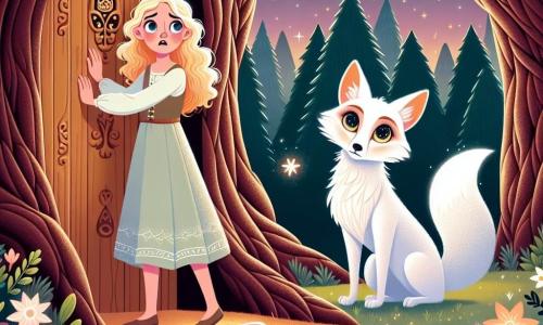 Elara, a young woman with golden hair and sparkling curious eyes, stands before a carved wooden door in a massive oak. She wears a light pastel-colored dress, and her face expresses both wonder and determination. Beside her, a majestic fox with bright white fur and star-like eyes watches her kindly from a small rock, ready to guide Elara into this enchanted world. The setting is a magical forest, with tall majestic trees whose leaves shimmer under the twilight. Vividly colored and strangely shaped flowers cover the ground, while fireflies dance in the air, adding a touch of whimsy to the atmosphere. The main scene shows Elara, fascinated, gently pushing the oak door, ready to enter a world filled with magic and adventure, as the fox encourages her with a wise and friendly gaze.
