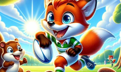 In the center of the image, a young fox named Felix, with bright orange fur and a bushy tail, expresses great joy and determination. He is running with a rugby ball tightly held between his paws, his eyes sparkling with excitement as he prepares to score a try. To his right, Sam, a mischievous squirrel with brown fur, jumps enthusiastically with his little front paws raised, ready to cheer on his friend. On the left, Holly, a hedgehog with soft, spiky fur, smiles proudly, her little paws in a supportive position, admiring the scene. The setting is a lush rugby field surrounded by majestic trees with shiny leaves, under a bright blue sky dotted with fluffy white clouds. The sun shines, illuminating the field and creating a joyful and dynamic atmosphere. The main scene shows Felix in action, running towards the try line, surrounded by his friends who are cheering him on, capturing the spirit of teamwork and the excitement of a rugby match in the forest.