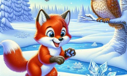 Ein kleiner roter Fuchs namens Felix mit glänzendem Fell und neugierigen, funkelnden Augen springt fröhlich im frischen Schnee und hinterlässt Pfotenabdrücke. Er lächelt breit, erstaunt über die Schönheit des Winters. In der Nähe sitzt eine weise Eule namens Ella mit braunen Federn und runden, schelmischen Augen auf einem Ast. Sie schaut Felix amüsiert an und ist bereit, ihr Wissen über die Magie des Winters zu teilen. Die Szenerie ist eine wunderschöne Winterlandschaft: ein weites Feld mit funkelndem Schnee unter einem hellblauen Himmel, durchzogen von sanft fallenden Schneeflocken. Bäume mit schneebedeckten Ästen stehen im Hintergrund und schaffen eine märchenhafte Atmosphäre. Die Hauptsituation zeigt Felix, der zarte Eisblumen auf einem gefrorenen Teich entdeckt, während Ella ihm deren Entstehung erklärt und einen Moment des Staunens und Lernens im Herzen des Winters schafft.