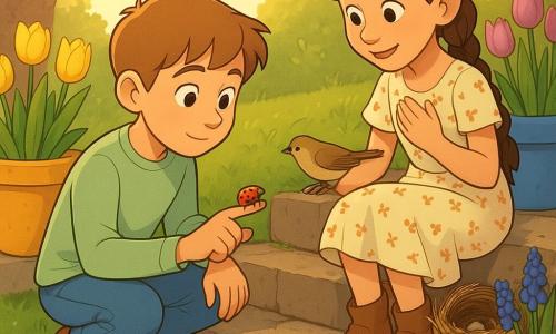 Two children, both 10: Ollie, a boy with short light-brown hair and curious eyes in a pale green sweater and jeans, crouches on the lower step, gently holding a ladybug on his finger; Mia, a girl with long brown hair in a braid, smiling in a floral dress and small boots, sits one step above, leaning forward with a hand to her chest to protect a small straw nest tucked behind a terracotta pot as a brown tit returns. They are on wide worn stone steps leading to a small neighborhood garden lined with large yellow-and-blue painted terracotta pots holding yellow tulips, violets and blue muscari, dewy green grass and a flowering cherry tree in the background, warm late-afternoon light, vivid colors and clear textures, composition centered on the steps and their tender interaction.