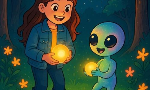 Een 12-jarig meisje, Noor, met lange golvende bruine haren en nieuwsgierige sprankelende ogen, staat in het midden van een open plek verlicht door een mysterieuze lichtbol. Ze draagt een spijkerjack en rubberen laarzen, haar gezicht straalt van opwinding en verwondering. Naast haar danst Pliem, een klein buitenaards wezen met ronde glanzende ogen en een glinsterende huid in pastelkleuren, vrolijk terwijl hij een kleine lichtgevende bol tegen zijn hart houdt. De open plek is omringd door grote bomen met knoestige stammen, hun bladeren schitteren met een zilveren gloed onder het maanlicht, terwijl luminescente bloemen een zachte gloed om hen heen uitstralen. De grond is bedekt met groene mos en kleine glinsterende stenen, wat een magische en feeërieke sfeer creëert. Noor en Pliem staan samen, verbluft door de ontdekking van de lichtbol, symbool van hun opkomende vriendschap, terwijl sterren boven hen fonkelen en een vleugje mysterie aan deze buitengewone ontmoeting toevoegen.
