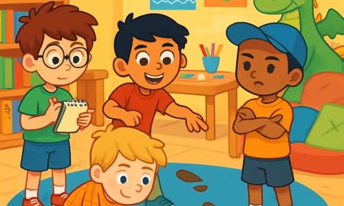 Er zijn 4 kinderen: Timo: een 7-jarig jongetje met rommelig bruin haar en een bril. Hij draagt een groen t-shirt en een blauwe short en houdt een klein notitieboekje vast terwijl hij aandachtig om zich heen kijkt. Rayan: een 7-jarig jongetje met zwart haar en sprankelende ogen. Hij draagt een rood t-shirt en beige broek, glimlacht en wijst naar een onderzoekspad op de grond. Finn: een 7-jarig jongetje met blond haar en sproeten. Hij draagt een geruit shirt en een spijkerbroek en is gehurkt terwijl hij een groene pluim op de vloer onderzoekt. Youssef: een 7-jarig jongetje met kort haar en een blauwe pet. Hij draagt een oranje t-shirt en een zwarte short, staat met gekruiste armen en heeft een vastberaden uitdrukking. De locatie is een lichte klaslokaal met gele muren en kleurrijke posters. Er is een grote bibliotheek vol boeken, een knutseltafel met verspreide materialen en een gezellige leeshoek met zachte kussens. In het midden ligt een rond tapijt waar de kinderen zich verzamelen om te onderzoeken. De hoofdscene toont de vier vrienden die geconcentreerd en nieuwsgierig naar aanwijzingen op de grond kijken, omringd door speelgoed, boeken en decoraties, terwijl een grote knuffeldraak, Draakje Dribbel, hen vanuit een hoek aankijkt, klaar om gevonden te worden.