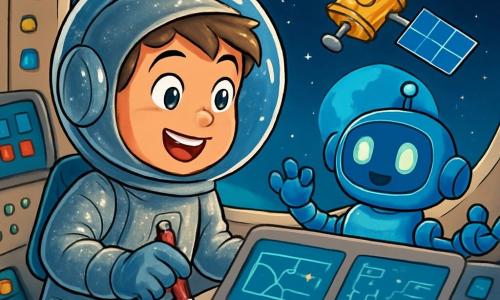 Un ragazzo di dieci anni di nome Luca indossa una brillante tuta spaziale argentata che scintilla sotto la luce delle stelle. Il suo viso è illuminato da un mix di eccitazione e curiosità, con grandi occhi spalancati e un sorriso radioso. Tiene in mano una piccola matita rossa, osservando attentamente i pannelli di controllo della navetta spaziale. Accanto a lui c'è il robot Piko, un piccolo robot dalle forme arrotondate e con occhi luminosi, che fluttua allegramente. Piko è di un blu vivace e ha braccia articolate, sembra pronto ad aiutare Luca nella sua missione. La scena si svolge all'interno di una navetta spaziale moderna, con schermi luminosi che mostrano dati e grafici. I muri sono decorati con pulsanti colorati e luci lampeggianti, creando un'atmosfera futuristica e dinamica. Luca e Piko si preparano a riparare un satellite in orbita attorno a un pianeta blu, visibile attraverso un oblò. La situazione è carica di tensione e anticipazione, mentre Luca, concentrato, si appresta a fare una scelta cruciale per la loro missione spaziale.