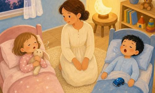 Tre personaggi in una piccola cameretta vista dall'alto: la mamma (~30 anni) seduta al centro tra due lettini, capelli castani raccolti in chignon basso, vestito di cotone crema, mani sulle ginocchia e sguardo benevolo verso i bambini; a sinistra Lina (3 anni) nel lettino, capelli castano chiaro corti, pigiama rosa a pois bianchi, tiene un coniglietto di peluche vicino al mento, occhi semichiusi e bocca leggermente aperta; a destra Teo (3 anni) nel lettino, capelli neri corti, pigiama azzurro, una macchinina blu sulla coperta vicino alla mano destra, sbadiglio discreto e mani rilassate lungo il corpo. L'ambiente è sereno: muri pastello, luce mielata da una lampada a forma di luna, tappeto crema, parquet chiaro, scaffale basso con alcuni libri e giocattoli e una tenda che lascia filtrare un cielo serale violaceo; momento di ninna: mamma che guida alla calma, bambini rilassati con mascelle e spalle distese e respiri lenti; resa pittorica con texture a gouache, contorni morbidi e palette calda e rasserenante (ocre, rosa pallido, azzurro tenue, crema).