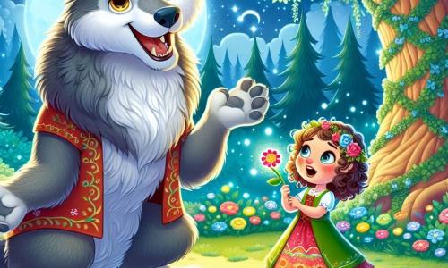Ein freundlicher Werwolf mit weichem, grauem Fell und strahlenden, warmen Augen steht in der Mitte einer verwunschenen Lichtung. Er lächelt mit einem fröhlichen und beschützenden Ausdruck, seine großen Ohren sind aufgerichtet und sein Schwanz wackelt. Neben ihm steht ein 8-jähriges Mädchen mit lockigem Haar und einem bunten Kleid, das den Werwolf mit Staunen betrachtet. Sie hält eine leuchtende Blume in ihren Händen und steht leicht zurückhaltend, voller Neugier. Im Hintergrund erhebt sich eine majestätische alte Eiche, die mit Efeu bewachsen ist, unter einem sternenklaren Himmel, während bunte Blumen die Lichtung erhellen. Die Szene strahlt eine magische Atmosphäre aus, in der der Werwolf und das Mädchen zusammen singen, um die schlafenden Blumen zu wecken und eine fröhliche, lebendige Stimmung zu schaffen.
