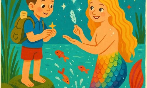 La sirena Serena, alegre y traviesa, devuelve una pluma brillante a Lucas; piel nacarada, cabello largo dorado y cola escamada con reflejos irisados; Lucas, niño de unos 7 años, curioso y maravillado, sostiene un pequeño colgante en forma de estrella, camisa azul y mochila con tesoros; la escena ocurre en la orilla del lago Luminiscente: agua turquesa y brillante, juncos y piedras cubiertas de musgo; alrededor algas danzantes y pequeños peces de colores que salpican como pinceladas; la sirena agradece a Lucas por haber encontrado sus objetos perdidos en un intercambio cálido y mágico.