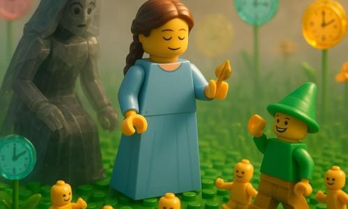 Mirabel, ruhige entschlossene Frau mit braunen Zöpfen und schlichtem hellblauen Kleid, hält ein kleines goldenes Blatt in der linken Hand und singt sanft, lächelnd und aufrecht in der Mitte; die Schattengestalt Graue Husch, groß, aus grauen halbtransparenten Teilen mit einer Krone aus zerbrochenen Zeigern, kniet überrascht vor einer Glasblume; ein winziger Tickling-Junge mit grüner Haube hüpft rechts und läutet eine leuchtende Glocke, weitere winzige Ticklings tanzen im Kreis; die Szene spielt auf einer weiten Wiese aus grünen Ziegeln mit großen gläsernen Blumen und leichtem silbernem Nebel, goldenes Sonnenuntergangslicht fällt durch den Dunst; Hauptsache: Mirabel reicht das Blatt der Geduld und singt, die Graue Husch senkt ihre Wachsamkeit, der Nebel wird mild und die Ticklings tanzen wieder — eine beruhigende, magische Teilungsszene.