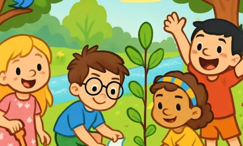 Er zijn 4 kinderen: - Lotte: een 6-jarig meisje met lang blond haar en sprankelende ogen. Ze draagt een roze bloemenjurk en glimlacht vrolijk terwijl ze een klein schepje vasthoudt. - Sam: een 6-jarig jongetje met rommelig bruin haar en een bril met ronde glazen. Hij draagt een blauwe t-shirt en een groene short, en hij zit op de grond terwijl hij met één hand afval opruimt. - Noor: een 6-jarig meisje met krullend kastanjebruin haar en een kleurrijke haarband. Ze draagt een gele t-shirt en een spijkerbroek, en ze toont een klein plantje dat ze net in de grond heeft geplant. - Tom: een 6-jarig jongetje met zwart haar en sproeten. Hij draagt een rode t-shirt en een oranje short, en hij staat rechtop, glimlachend en met zijn armen in de lucht, trots op hun werk. De situatie speelt zich af in een prachtig natuurpark, vol met grote groene bomen met glanzende bladeren, kleurrijke bloemen die dansen in de wind, en een kleine rivier die onder de zon glinstert. Vogels zingen in de takken en een zachte gouden licht verlicht de scène. De hoofdactie van het verhaal toont de kinderen die bomen planten en afval opruimen in het park. Ze werken enthousiast samen, glimlachend en lachend, terwijl ze voor de natuur om hen heen zorgen.