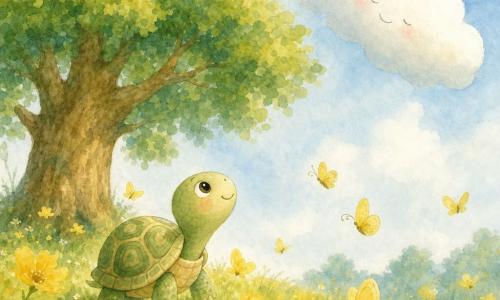 Una piccola tartaruga verde e beige con carapace rotonda dai motivi morbidi, muso sorridente e occhi brillanti che alza la testa camminando lentamente verso un grande albero; una nuvola bianca e soffice, forma arrotondata, inclinata sopra l'albero; un grande tronco marrone con foglie verdi a masse posto dietro la tartaruga e a sinistra; alcuni farfalle gialle leggere che svolazzano tra i fiori; un prato di fiori gialli vivaci ed erba verde con texture acquerellate e cielo azzurro pallido sfumato; scena calma e contemplativa: la tartaruga segue la nuvola con lo sguardo sotto l'albero, atmosfere dolci, colori pastello, contorni sfumati e forme arrotondate.