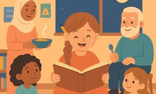 Lina, niña de 6 años, alegre y concentrada, cabello castaño claro trenzado, lápiz tras la oreja, sentada en un cojín azul de lunares blancos leyendo en voz alta un libro antiguo abierto; a su izquierda Sami, 6 años, atenta y sonriente, cabello rizado negro, sentada en la alfombra mirando el libro; madre de ~30 años con hiyab claro, benevolente, junto a una mesa de madera colocando un plato humeante y observando con ternura; abuelo de ~60 años, barba gris, sentado a la derecha en una silla pequeña sonriendo y ofreciendo una cuchara; niña de ~4 años tímida en vestido rosa pálido en primer plano mirando a Lina con admiración; entorno: acogedor rincón de lectura escolar con alfombra colorida, caja de libros ilustrados, guirnaldas de luces amarillas y lámparas de papel, carteles vivos y ventana con luna creciente y estrellas; escena: iftar comunitario, Lina recita un poema en voz clara mientras vecinos escuchan reunidos, luz cálida y dorada, ambiente tranquilo y de compartir (panes, cuencos, sonrisas); paleta pastel cálida (amarillo, coral, celeste, verde menta), formas simples y redondeadas, sombras suaves, composición centrada en Lina y el libro.