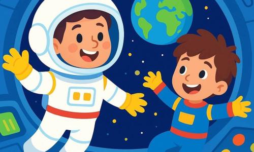 Un hombre astronauta, Pedro, flota alegremente en su nave espacial. Lleva un gran casco blanco y un traje brillante, con guantes suaves. Su rostro es sonriente y sus ojos brillan de emoción. A su lado, otro astronauta, Luca, un niño de unos 8 años, tiene el cabello castaño y lleva un traje colorido. También sonríe, con los brazos extendidos, como si estuviera flotando en el aire. La escena se desarrolla dentro de la nave espacial, que es redonda y está llena de botones luminosos y pantallas brillantes. A través de la ventana, se puede ver la Tierra, azul y hermosa, rodeada de estrellas brillantes. Pedro y Luca están trabajando juntos, examinando los motores de la nave con curiosidad y entusiasmo, compartiendo risas y gestos amigables, mostrando la importancia de la amistad y la colaboración en el espacio.
