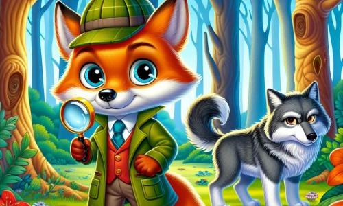 Un astuto volpe, con un pelo arancione brillante e occhi maliziosi, si trova al centro della scena, mostrando un'espressione di determinazione e coraggio. Indossa un piccolo cappello da detective e tiene una lente d'ingrandimento nella zampa, pronto a risolvere il mistero della foresta. Alla sua destra, un grande lupo dal pelo grigio, con occhi penetranti e un'aria seria e protettiva, osserva attentamente la situazione. La scena si svolge in una foresta incantata, con alberi maestosi che si ergono verso il cielo e foglie verdi che filtrano la luce del sole. In questa situazione, volpe e lupo si uniscono per affrontare timori comuni, pronti a fronteggiare cacciatori che minacciano la loro pacifica foresta. L'atmosfera è tesa ma piena di speranza, simboleggiando l'amicizia inaspettata tra due personaggi opposti.