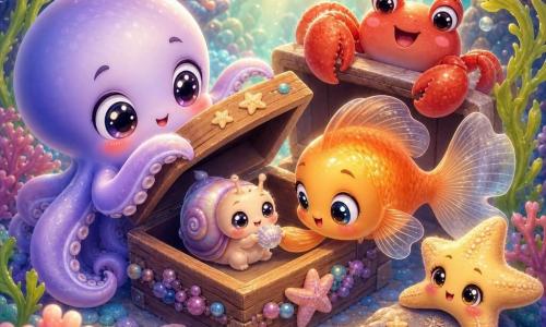 Mały chibi ośmiorniczek w bladolawendowym kolorze, duże błyszczące oczy i rumiane policzki, z ciekawym, łagodnym wyrazem twarzy podnosi wieczko małej drewnianej szkatułki zdobionej perełkami i rozgwiazdami; obok niego przyklejona mała pomarańczowa rybka chibi z przezroczystymi płetwami (Płetka), z szeroko otwartymi oczami i nieśmiałym uśmiechem, wyciąga płetwę ku muszelce w środku; w rogu szkatułki skulony mały chibi ślimaczek morski o perłowej skorupce, z mokrymi oczami i zawstydzoną, ulgą przesiąkniętą miną, trzyma mini-muszelkę jako prezent; ceglastoczerwony krab chibi (Kropelka) z szerokim uśmiechem i jedną szczypcą opartą o brzeg groty obserwuje scenę z dumą; bladożółta rozgwiazda chibi (Gwiazdka) na kamieniu, z błyszczącymi oczami, zostawiła drobne piaskowe gwiazdki na wieczku; miejsce: mała podwodna grota w akwarium rafowym z miękkim, złocistym światłem, pastelowymi koralowcami, falującymi wodorostami, unoszącymi się bąbelkami i wygładzonymi kamykami wokół piaszczystej placy; główna sytuacja: radosne, czułe odkrycie — ośmiorniczek otwiera szkatułkę i przyjaciele widzą małego ślimaczka z prezentem, ciepła atmosfera, pastelowe kolory, gładkie, błyszczące faktury, bezpieczny, kreatywny nastrój.