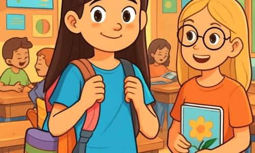 A 12-year-old girl, Sophie, with long brown hair and sparkling eyes, stands at the center of the stage, a nervous smile on her face. She wears a bright blue t-shirt and comfortable jeans, holding her new colorful backpack filled with school supplies. Next to her, another student, an 11-year-old girl with blonde hair and round glasses, looks at Sophie with a friendly smile, holding a sketchbook. In the background, the classroom is bright and welcoming, with walls decorated with colorful posters and windows letting in sunlight. Students are seated at wooden desks, some chatting happily, while others are flipping through their textbooks. The main scene shows Sophie, a bit hesitant but excited, ready to participate in a welcome activity with her new classmates.