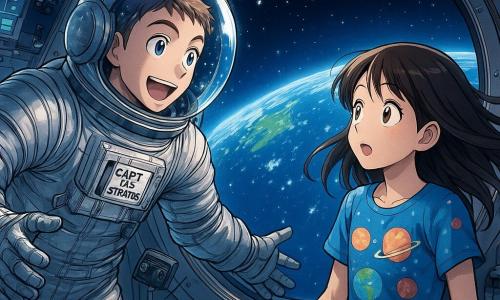 An astronaut, Captain Leo Stratos, floats in the space station, his face glowing with excitement and curiosity. He wears a shiny silver spacesuit with a clear helmet reflecting the twinkling stars outside. Next to him, a young girl, Emma, about 10 years old, gazes in wonder through a window, her wide eyes and brown hair gently floating in zero gravity. She wears a colorful t-shirt with planet patterns. The setting is the interior of the International Space Station, with metallic walls and control panels illuminated by LED lights. Scientific instruments float around them, and through the window, Earth is visible, a stunning blue and green sphere below. The main scene shows Leo enthusiastically explaining the wonders of space to Emma, who listens attentively, with the bright stars in the background creating a magical and inspiring atmosphere.