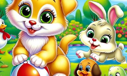 Sunny, a small cat with golden fur and sparkling green eyes, looks curiously and warmly at Pip, a light brown puppy with big floppy ears, who is playing with a large red ball. Sunny is sitting on the green grass, her front paws on the ground, while Pip, with his joyful gaze, tries to push the ball with his nose. Bunny, a rabbit with large white ears and bright eyes, happily hops beside them, laughing and pawing. Duck, a duck with bright yellow feathers, swims in a small pond nearby, looking on with a friendly smile. Turtle, a turtle with a green shell and mischievous eyes, is a bit further back, watching the scene with an encouraging expression. The setting is a sunny park filled with colorful flowers, green-leaved trees, and a clear blue sky dotted with fluffy white clouds. The main situation shows Sunny, intrigued and joyful, starting to approach Pip to play together, illustrating the theme of tolerance and friendship.