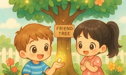 An 8-year-old boy, joyful and amazed, with short brown hair and big bright eyes, wearing a blue striped t-shirt and beige shorts, crouches smiling while holding a small shiny seed in his open hand; to his right stands an 8-year-old girl (Mia), smiling and enthusiastic, with black pigtails and a pink polka-dot dress, hands clasped and touching a low leaf as she leans close to him; the sunny, colorful backyard has a green lawn, flower pots, a white fence, a stone path and a pastel sky with fluffy clouds; a small 