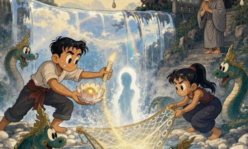 Adult man (protagonist) Kiet: tanned face, short wet black hair, resolute anxious expression, wide bright eyes; holding a large open lotus in one hand and a lit candle in the other, standing on a pale shore, body leaning forward as if pushing light toward the water. Teenage girl (secondary) Mali, ~16, small, sharp brows, hair in a ponytail, terrified yet determined; crouched on the right bank beside Kiet, pulling a large net painted with circles. Elder man (secondary) Luang Por Suthin, ~70, grey robe, shaved head, gentle wrinkles, standing back on the sanctuary steps atop the hill with hands joined, watching calmly. Location: Mirror Falls, a wide smooth waterfall reflecting the sky like a mirror, pale stone-lined shore, silver mist, a twisted tamarind tree and small shell wind chimes at the sanctuary; water sparkling with iridescent arcs and patches of hollow, nonreflective surface. Main scene: Kiet and Mali lower a large luminous net toward a white empty form emerging from the waterfall; the lotus holds a golden pearl of light beginning to fall into the net while emerald-green naga spiral up from the water to encircle the scene and the monk’s bell tinkles in the air.