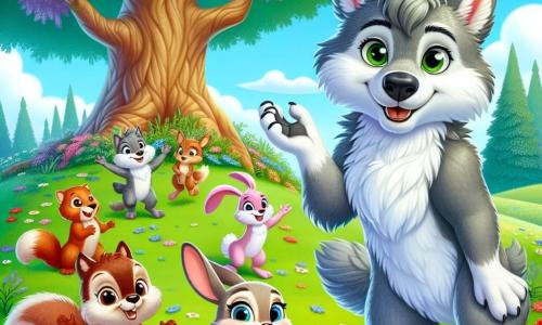 A young wolf with soft gray fur and bright green eyes, named Lupo, stands at the center of the scene, wearing a warm smile that shows his joy and acceptance. Beside him, a small rabbit with large ears and light brown fur, Bella, jumps happily, her eyes sparkling with excitement. A bright red squirrel, Max, is perched on a tree branch, making a celebratory gesture with his little paw, displaying a proud expression. The setting is a vast green meadow dotted with colorful flowers and a majestic oak tree, under a clear blue sky with a few fluffy white clouds. The scene radiates a joyful and welcoming atmosphere, where all the animals gather to celebrate their differences. The main situation shows Lupo, Bella, and Max preparing for a talent show, surrounded by other smiling and enthusiastic animals, ready to share their unique talents and celebrate friendship and tolerance.