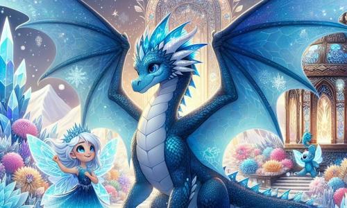 În centrul imaginii, un dragon majestuos numit Zafir, cu solzi de un albastru profund strălucind sub lumină, își desfășoară aripile mari cu o expresie hotărâtă pe față. Ochii săi strălucesc cu o lumină prietenoasă, în timp ce stă mândru în fața unui sanctuar magic, înconjurat de flori de gheață colorate care emit o lumină blândă. Lângă el, o tânără zână de gheață numită Iara, în vârstă de aproximativ 10 ani, cu părul argintiu și aripi translucide strălucitoare, își ridică brațele în semn de victorie. Ea poartă o rochie făcută din petale de flori de gheață și zâmbește cu bucurie, privindu-l pe Zafir cu admirație. În fundal, sanctuarul Florilor de Gheață se înalță măreț, cu munți acoperiți de zăpadă și cristale strălucitoare care strălucesc la soare. Fulgi de zăpadă dansează în aer, adăugând o notă de magie scenei. Situația principală îl arată pe Zafir, pregătit să apere sanctuarul împotriva unui vrăjitor malefic, cu o aură de curaj și hotărâre, în timp ce Iara îl încurajează cu entuziasm, creând o atmosferă de camaraderie și aventură.