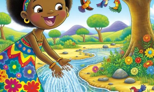 Amina, una mujer africana de unos treinta años, está de pie al borde de un arroyo, sonriendo ampliamente. Tiene la piel marrón, el cabello negro y rizado, y lleva un vestido colorido con motivos tradicionales. Sus brazos están abiertos, como para acoger la naturaleza que la rodea. A su lado, una tortuga sabia, con un caparazón verde y marrón, se mueve lentamente por el suelo, mirando a Amina con curiosidad. Más lejos, un grupo de pequeños pájaros coloridos canta alegremente en un árbol, con plumas brillantes de rojo, azul y amarillo que añaden vida a la escena. El lugar es un hermoso paisaje africano, con un cielo azul brillante, árboles majestuosos con hojas verdes y un arroyo que brilla al serpenteando por el suelo. Flores silvestres de colores vivos salpican el suelo, creando un cuadro vibrante de la naturaleza. Amina juega con el agua del arroyo, salpicando alegremente, mientras la tortuga la observa con sabiduría. Los pájaros cantan, añadiendo una melodía dulce a esta escena de felicidad y armonía con la naturaleza.