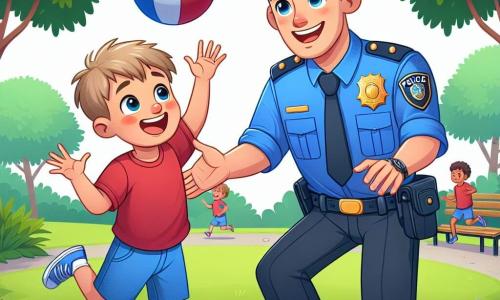 Un polițist pe nume Andrei, zâmbitor și binevoitor, poartă o uniformă albastră cu un insignă strălucitoare pe piept. Are părul brun și scurt, iar ochii îi strălucesc de bucurie în timp ce se joacă cu o minge cu un băiat tânăr. Băiatul, Alex, de aproximativ 8 ani, are părul blond și dezordonat și poartă un tricou roșu cu o pereche de pantaloni scurți albaștri. Se află în parc, sărind pentru a prinde mingea, cu fața plină de entuziasm. Scena are loc într-un parc însorit, cu copaci verzi și flori colorate în jur. Andrei și Alex creează un moment de camaraderie și bucurie, simbolizând prietenia dintre un polițist și un băiat tânăr.