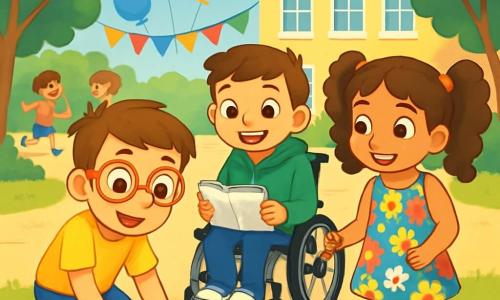 Ci sono 3 personaggi: Tommaso, un ragazzo di 8 anni con grandi occhi curiosi e occhiali rossi, che indossa una maglietta gialla e un pantaloncino blu, sta disegnando su un grande foglio di carta; Luca, un ragazzo di 8 anni con capelli castani e un sorriso splendente, in sedia a rotelle e con un felpa verde, osserva Tommaso con entusiasmo tenendo un taccuino; Sara, una ragazza di 8 anni con lunghi capelli ricci legati in due codini, indossa un vestito a fiori e sandali, è accanto a Tommaso pronta ad aggiungere colori al loro disegno comune. I personaggi si trovano in un cortile scolastico animato, circondato da alberi verdi e decorazioni colorate per la festa di inizio anno, con palloncini nel cielo blu e altri bambini che giocano sullo sfondo, creando un'atmosfera gioiosa e festosa. La scena principale mostra i tre amici che collaborano a un grande disegno del loro quartiere, con sorrisi radiosi sui volti, illustrando lo spirito di amicizia e creatività che li unisce.