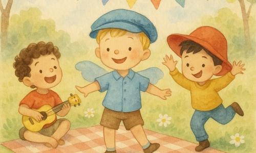 Drei Jungen: Emil (5) mit kurzen blonden Haaren, rundem lächelnden Gesicht, steht mittig mit blauem Hut und tanzt, schlägt die Arme wie Schmetterlingsflügel; Luis (6) mit lockigem braunem Haar, lebhaft, sitzt links auf der Decke mit einer kleinen gelben Ukulele, singt und lächelt Emil an; Max (5) mit schwarzem Bürstenschnitt trägt einen etwas zu großen roten Hut, rechts von Emil, macht einen komischen Tanz, hebt ein Bein und wedelt mit den Händen, schelmischer Ausdruck. Ort: heller Frühlingspark, grüne strukturierte Wiese mit Klee und Gänseblümchen, große rot-weiß karierte Decke, Girlande aus bunten Wimpeln zwischen zwei Ästen eines kleinen Baums, Muffins mit Zuckerguss und eine geöffnete kleine Geschenkbox daneben, blassblauer Himmel mit ein paar flauschigen Wolken. Szene: Überraschungs-Geburtstags-Picknick mit fröhlichen Bewegungen, sichtbarem Lachen, Ukulele-Musik und Tanz in der Mitte, einfache fröhliche Dekoration, warme helle Atmosphäre im sanften Aquarellstil mit leicht unscharfen Konturen und transparenten Farbwäschen.