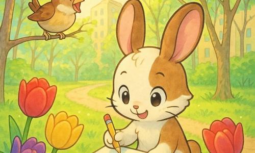 Die Hauptfigur ist ein kleiner weiß-brauner Hase mit großen weichen Ohren, runden glänzenden Augen und sanftem Lächeln, sitzt auf dem Gras und zeichnet in einem Skizzenbuch mit einem Bleistift; ein kleiner braun-gelber Sperling links auf einem Ast schaut ins Buch und singt; Vordergrund: einige rote, gelbe und violette Tulpen mit geöffneten Blüten; Hintergrund: Bäume mit grünen Knospen und zarten Blättern, ein versteckter Stadtpark zwischen hohen Häusern, weicher grüner Rasen, heller Kiesweg und goldene Morgenstrahlen; Szene zeigt den Hasen, wie er den Zyklus einer Blume zeichnet — dunkles Samenkorn, feine Wurzel, grüner Stängel, große farbige Blüte — während er die frische Frühlingsluft atmet; visueller Stil: kräftige Pastellfarben, weiche mangaähnliche Konturen, warme ruhige Atmosphäre.