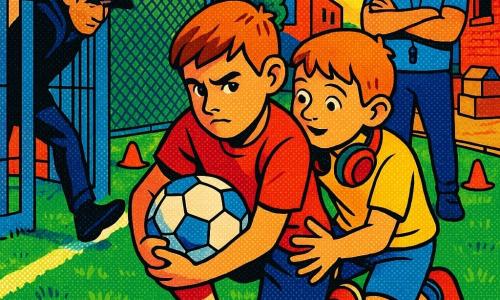 Un niño llamado Nico, 11 años, rostro concentrado y valiente, pelo castaño corto, acurrucado sobre la hierba con una rodilla apoyada, cubre un balón de fútbol blanco y azul con su cuerpo; detrás, Iker, ~11 años, oreja visible y auriculares colgando al cuello, expresión tímida pero leal y manos listas para ayudar; fuera de la valla metálica, un adolescente de 15–16 años con gorra oscura intenta alcanzar el balón desde la sombra; el entrenador Santi, ~35 años, corpulento, silbato al cuello y brazos cruzados, observa preocupado; campo de barrio al amanecer con césped verde, línea blanca desgastada, conos naranjas, una portilla metálica y un rincón con cajas y muro de ladrillo; luz dorada rasante, sombras largas; tensión tranquila: confrontación no violenta, solidaridad y respeto, composición dinámica, colores vivos y estilo pop art con contrastes marcados.
