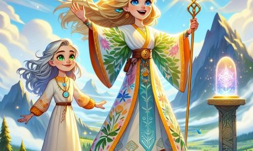 Una niña de 11 años, Elara, se encuentra en la cima de una majestuosa montaña, con el cabello dorado ondeando al viento y sus grandes ojos azules brillando de emoción y determinación. Lleva una túnica colorida con motivos de la naturaleza y un medallón brillante alrededor del cuello, levantando los brazos en señal de victoria, lista para activar el Crisol de los Elementos. A su lado, Aeliana, una joven de unos 18 años con cabello plateado y ojos verdes brillantes, sonríe con orgullo. Viste una ligera túnica que parece hecha de hojas y luz, sosteniendo un bastón mágico que pulsa con energía, animando a Elara. El lugar es una cima de montaña, rodeada de nubes suaves y paisajes verdes. El Crisol de los Elementos, un artefacto resplandeciente, brilla en el centro de un antiguo altar de piedra, iluminando la escena con una luz dorada, mientras destellos de magia flotan en el aire. La situación principal muestra a Elara lista para activar el Crisol, uniendo ciencia y magia para salvar su mundo, mientras una aura de luz brillante comienza a emanar del artefacto, simbolizando la esperanza y la aventura por venir.