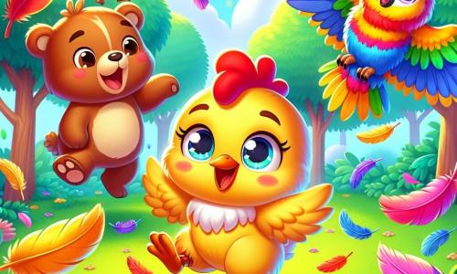 A hen named Clucky, with golden feathers and sparkling curious eyes, joyfully dances in the middle of a colorful feather forest, a big smile on her face. Next to her, a brown bear named Benny, with soft fur and round eyes, stands laughing while holding a feather in his paws. A vibrant parrot named Polly, with green and red feathers, flies around them, wings spread, making joyful sounds. The setting is a sunny clearing filled with floating bright-colored feathers, under a clear blue sky and lush green trees. The scene depicts Clucky and her friends having fun together, jumping and playing in this magical feather forest, filled with laughter and happiness.